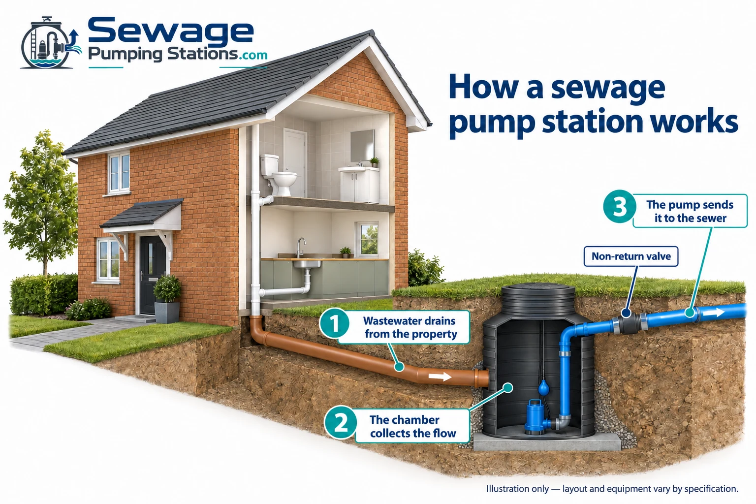 Illustrated overview of a house, underground pump station and discharge pipework