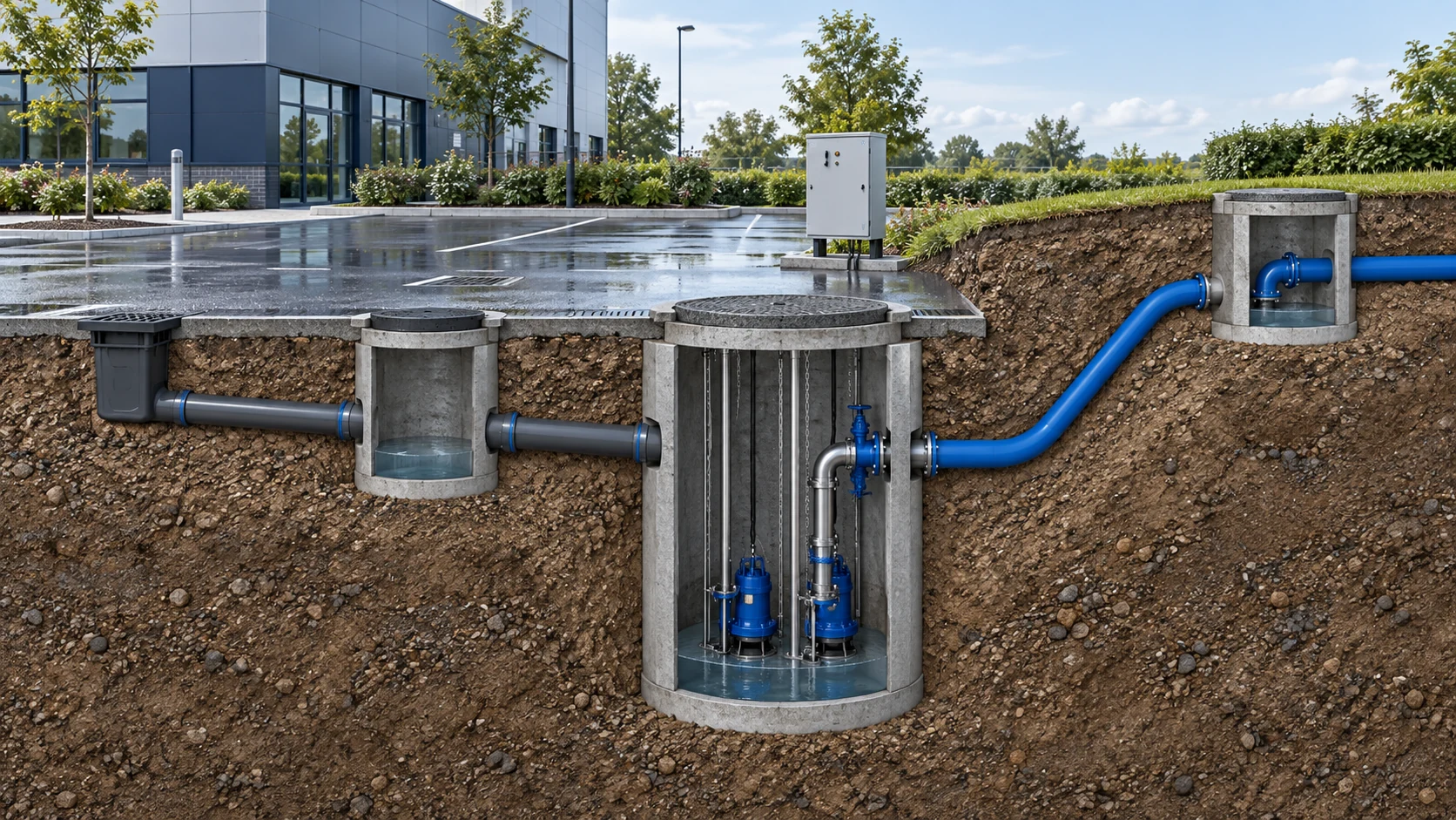Illustration of surface-water drainage flowing to a twin-pump station and onward through a rising main
