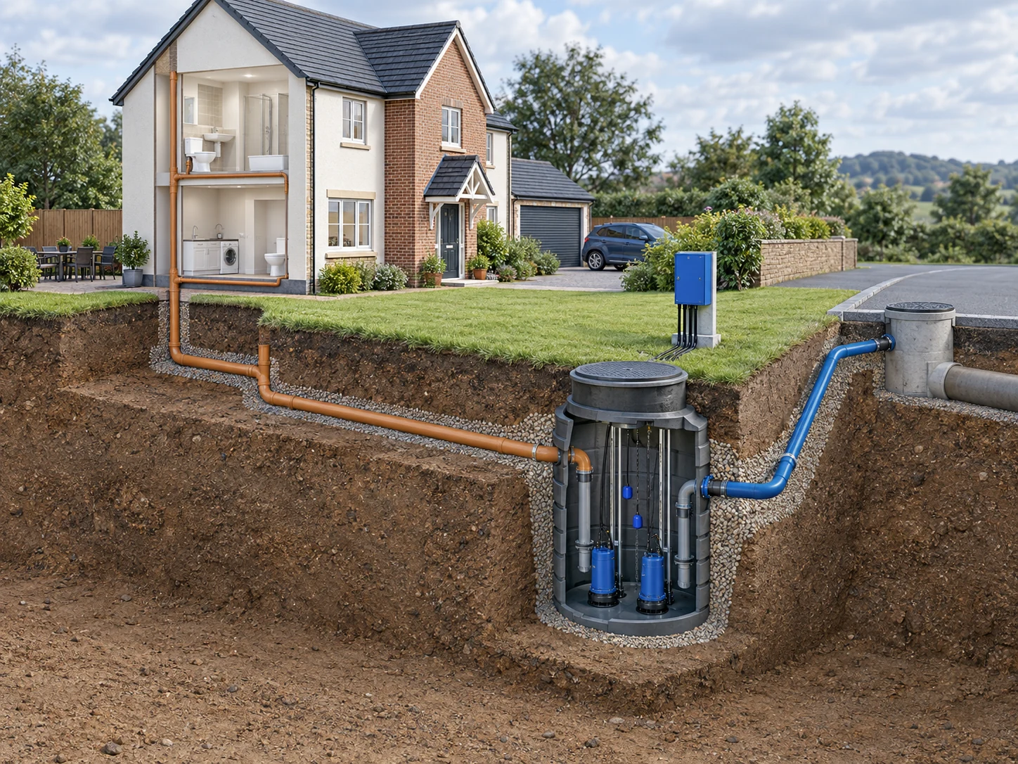 Illustration of a whole-house drainage system with an underground twin-pump station, controls, rising main and sewer connection