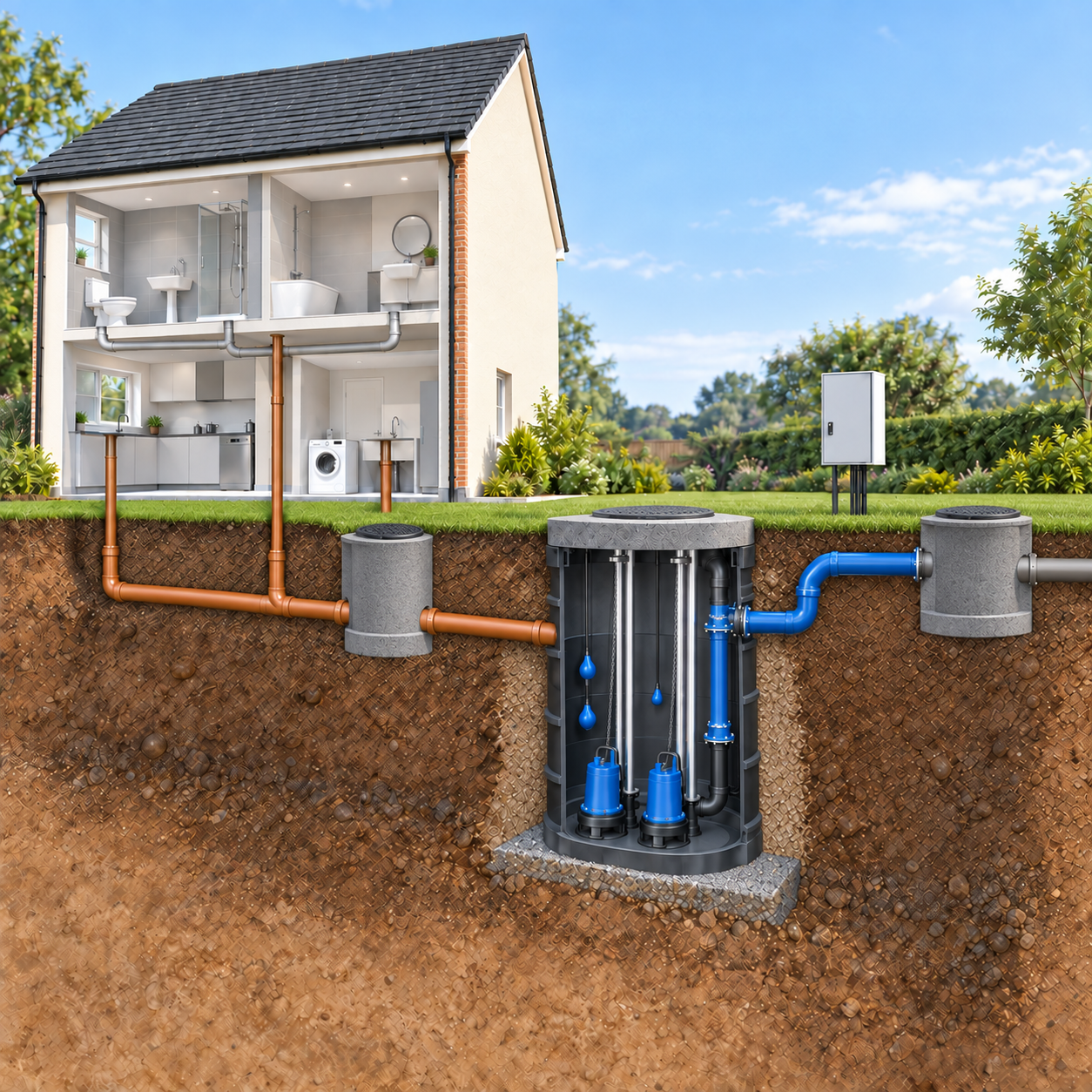Illustration showing house drainage flowing to a twin-pump underground station and onward to the sewer